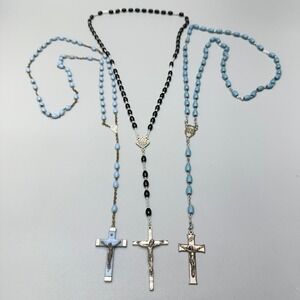 Vintage Rosary Necklace Lot of 3 Blue Black Beads 40" Catholic Prayer  2 Italian